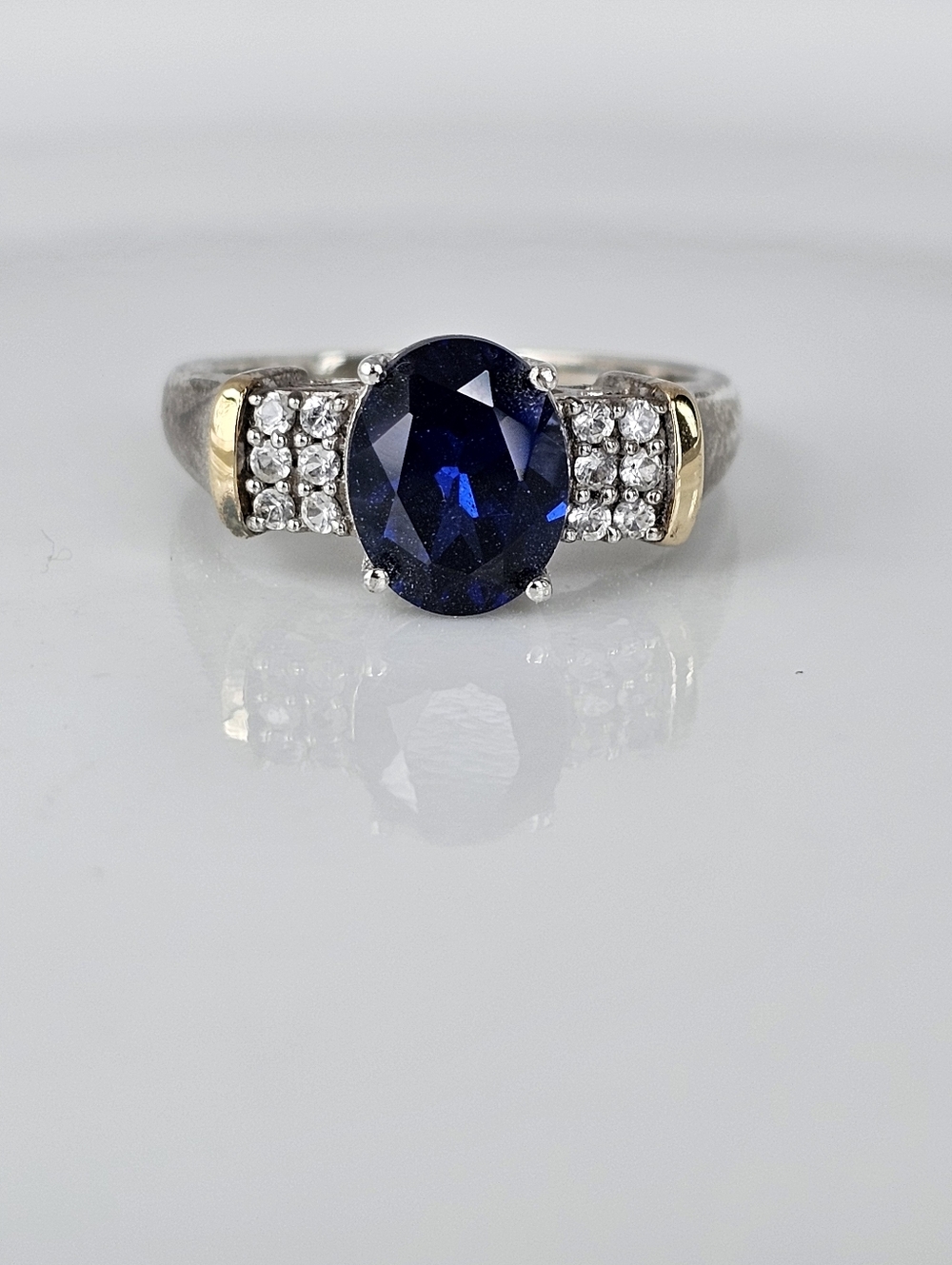 Vintage Blue Sapphire & White Topaz Ring Sterling Silver & 14k Size 8.5